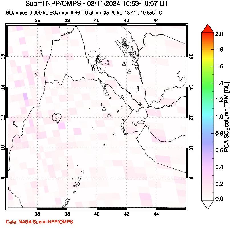 A sulfur dioxide image over Afar and southern Red Sea on Feb 11, 2024.