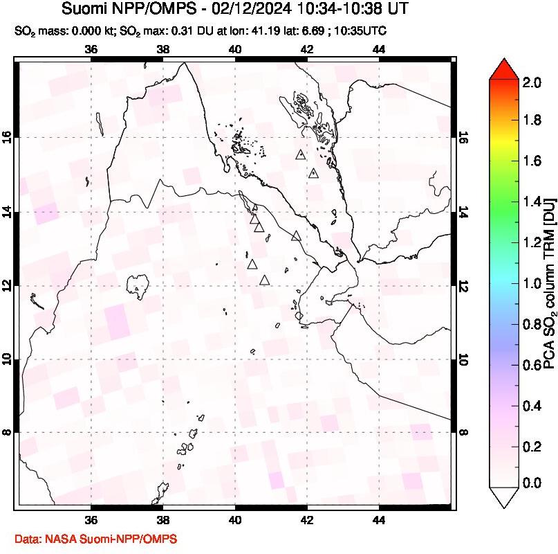 A sulfur dioxide image over Afar and southern Red Sea on Feb 12, 2024.