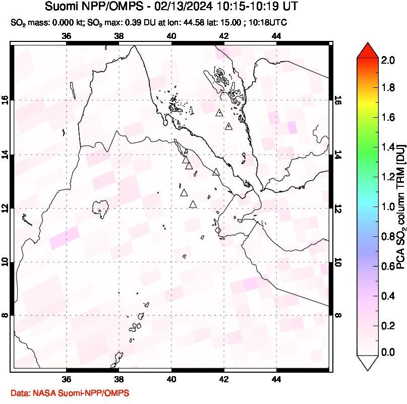 A sulfur dioxide image over Afar and southern Red Sea on Feb 13, 2024.