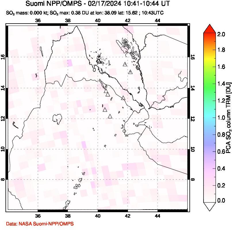 A sulfur dioxide image over Afar and southern Red Sea on Feb 17, 2024.