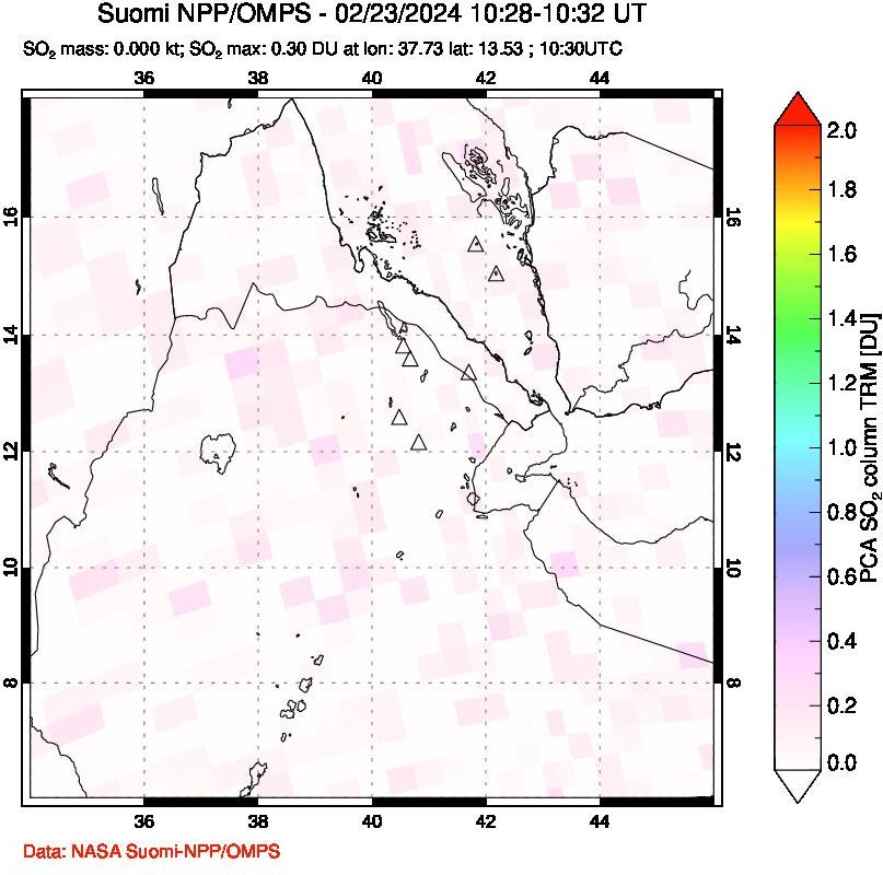 A sulfur dioxide image over Afar and southern Red Sea on Feb 23, 2024.