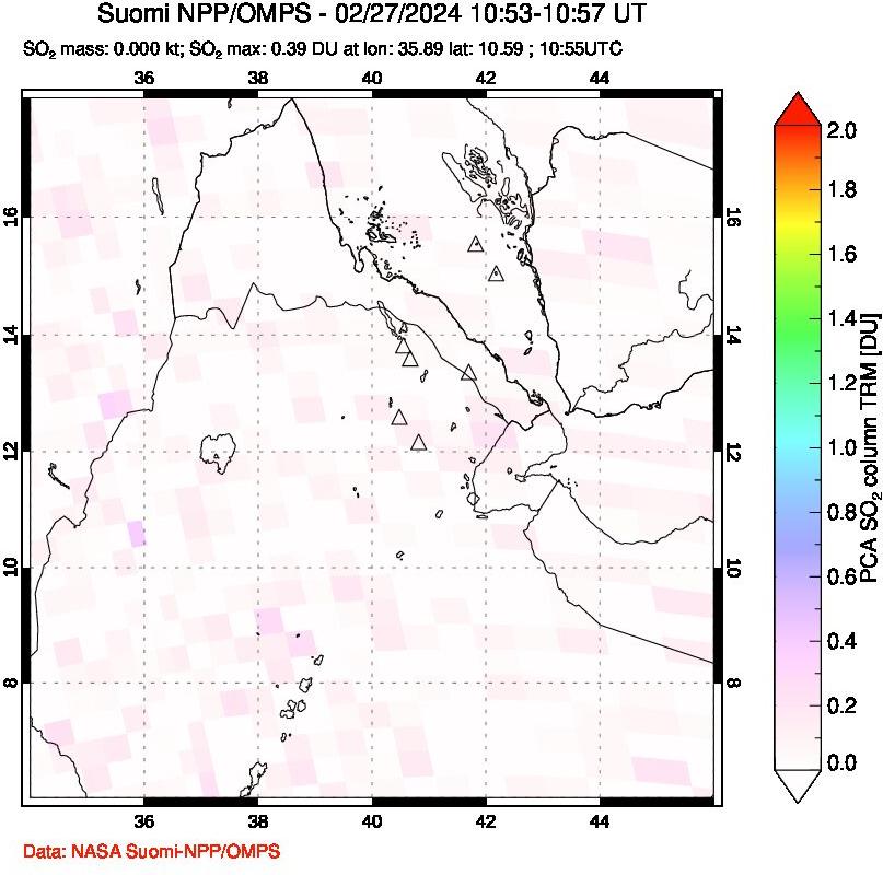 A sulfur dioxide image over Afar and southern Red Sea on Feb 27, 2024.