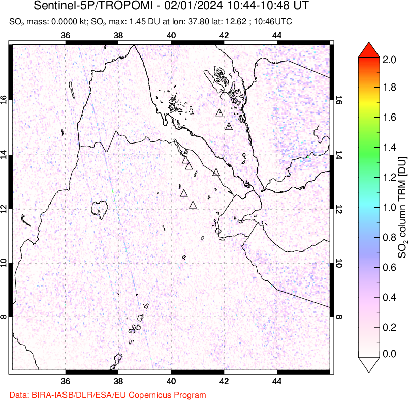 A sulfur dioxide image over Afar and southern Red Sea on Feb 01, 2024.