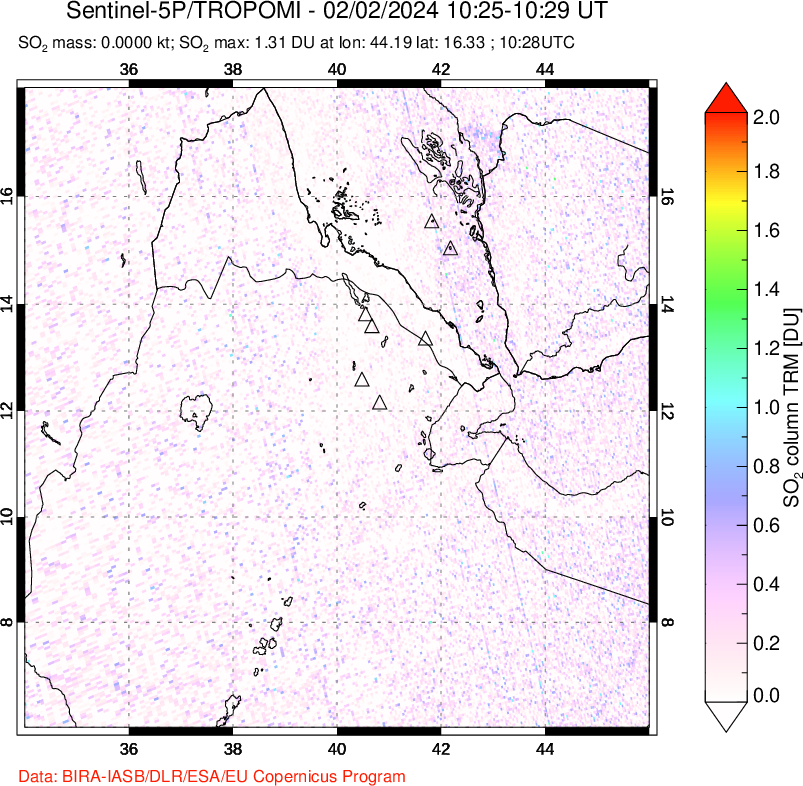 A sulfur dioxide image over Afar and southern Red Sea on Feb 02, 2024.