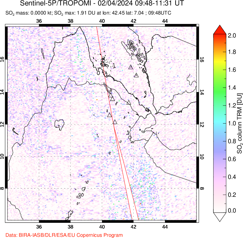 A sulfur dioxide image over Afar and southern Red Sea on Feb 04, 2024.