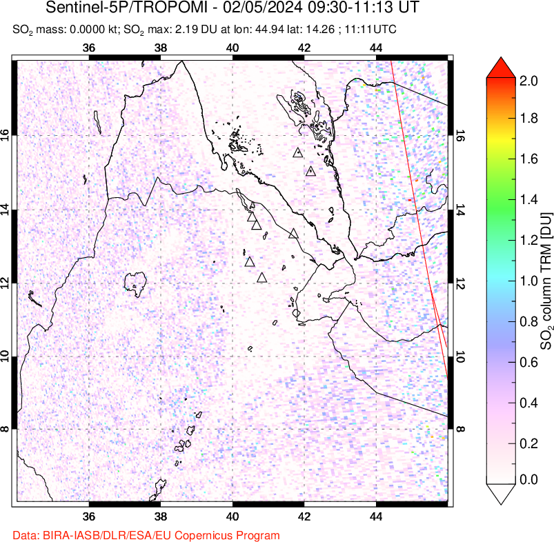 A sulfur dioxide image over Afar and southern Red Sea on Feb 05, 2024.