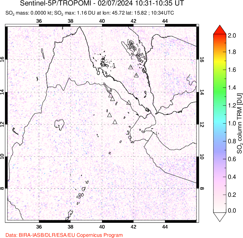 A sulfur dioxide image over Afar and southern Red Sea on Feb 07, 2024.