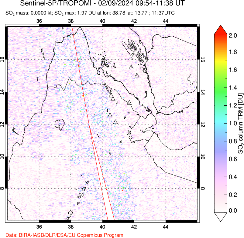 A sulfur dioxide image over Afar and southern Red Sea on Feb 09, 2024.