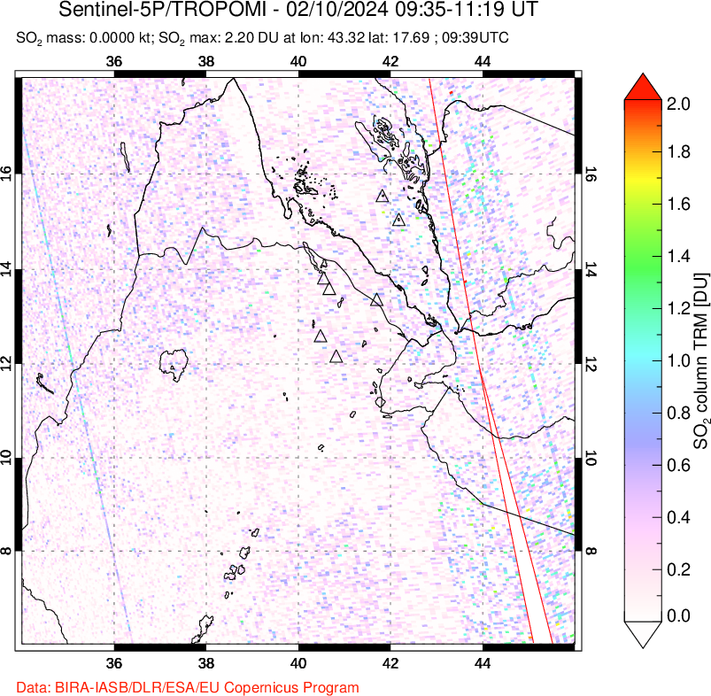 A sulfur dioxide image over Afar and southern Red Sea on Feb 10, 2024.