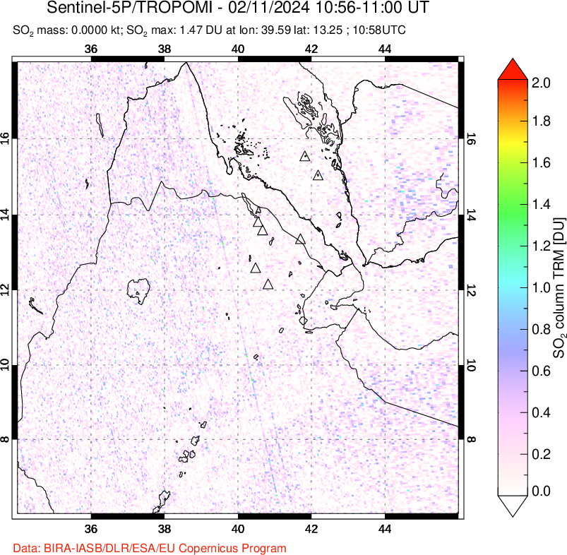 A sulfur dioxide image over Afar and southern Red Sea on Feb 11, 2024.