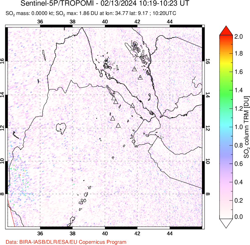 A sulfur dioxide image over Afar and southern Red Sea on Feb 13, 2024.