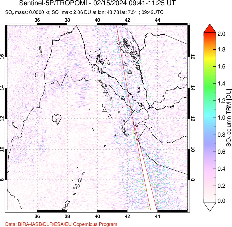 A sulfur dioxide image over Afar and southern Red Sea on Feb 15, 2024.