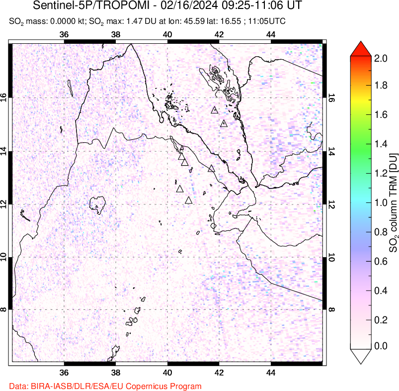 A sulfur dioxide image over Afar and southern Red Sea on Feb 16, 2024.