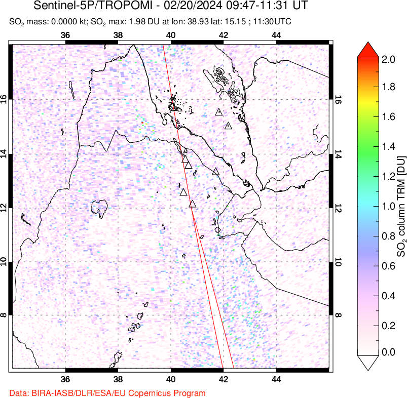 A sulfur dioxide image over Afar and southern Red Sea on Feb 20, 2024.