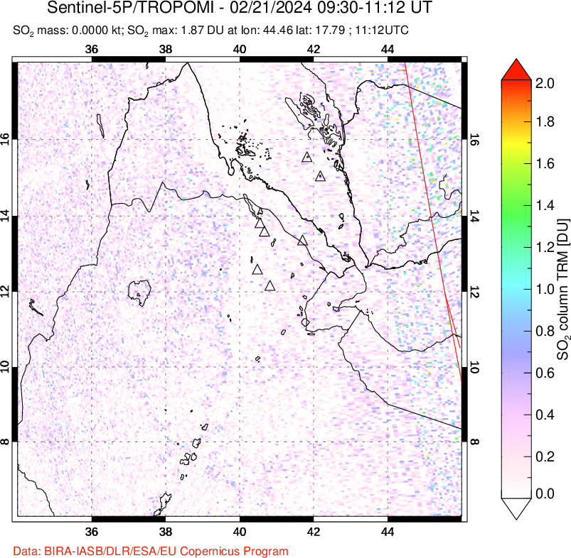 A sulfur dioxide image over Afar and southern Red Sea on Feb 21, 2024.