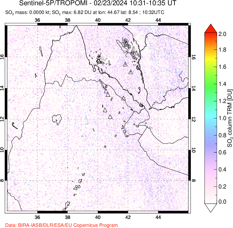 A sulfur dioxide image over Afar and southern Red Sea on Feb 23, 2024.