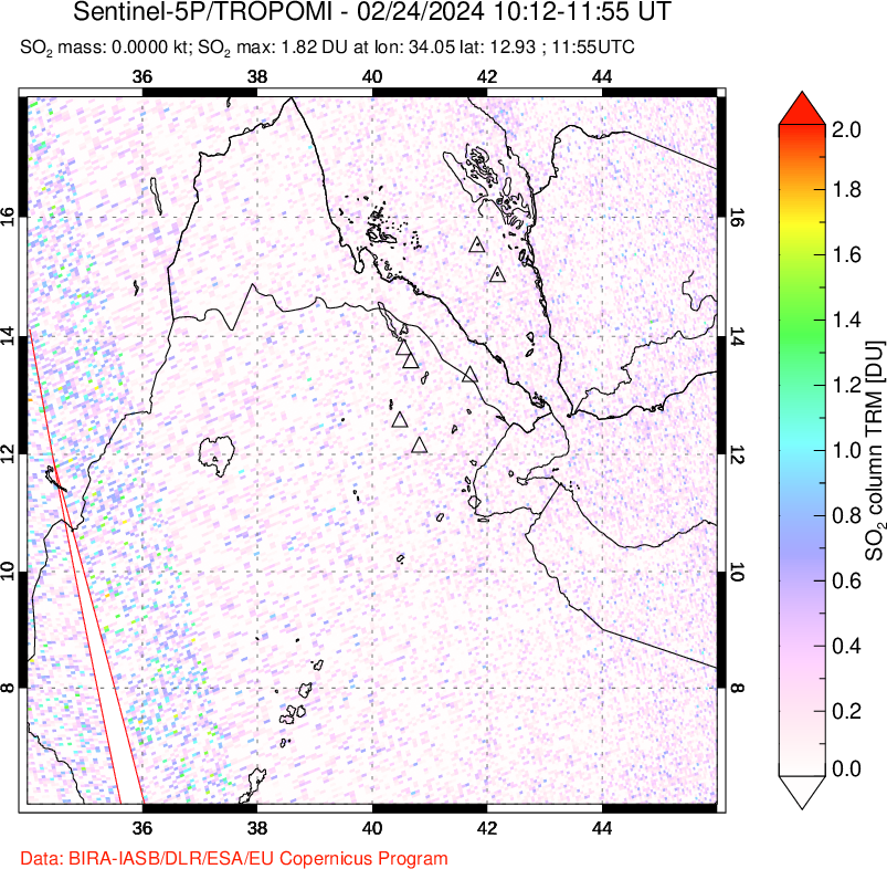 A sulfur dioxide image over Afar and southern Red Sea on Feb 24, 2024.