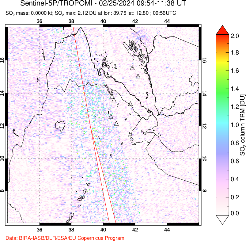 A sulfur dioxide image over Afar and southern Red Sea on Feb 25, 2024.