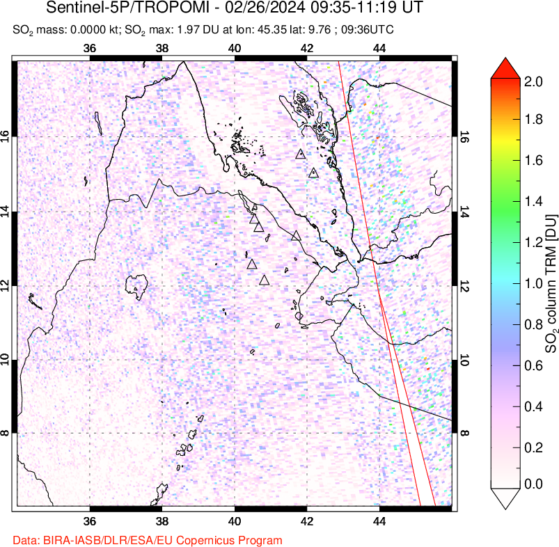 A sulfur dioxide image over Afar and southern Red Sea on Feb 26, 2024.