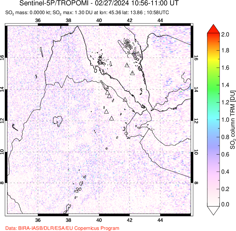 A sulfur dioxide image over Afar and southern Red Sea on Feb 27, 2024.