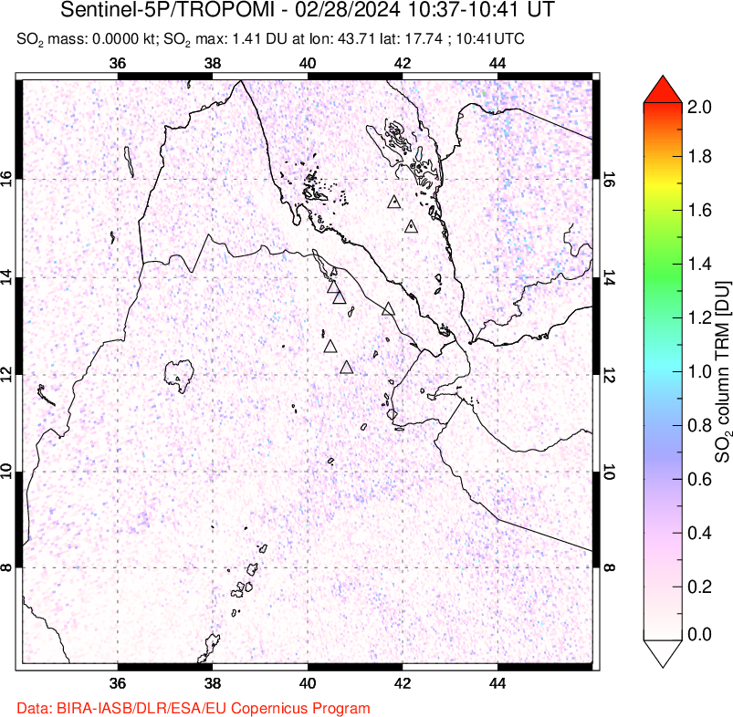 A sulfur dioxide image over Afar and southern Red Sea on Feb 28, 2024.