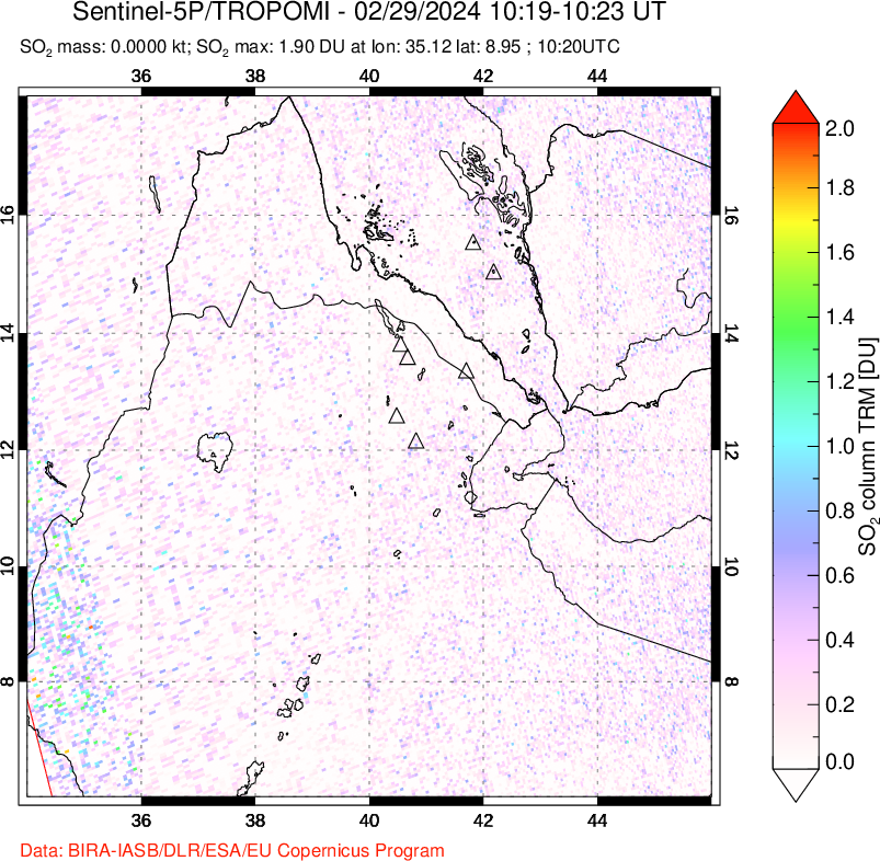 A sulfur dioxide image over Afar and southern Red Sea on Feb 29, 2024.