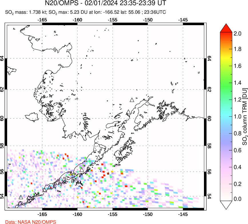 A sulfur dioxide image over Alaska, USA on Feb 01, 2024.