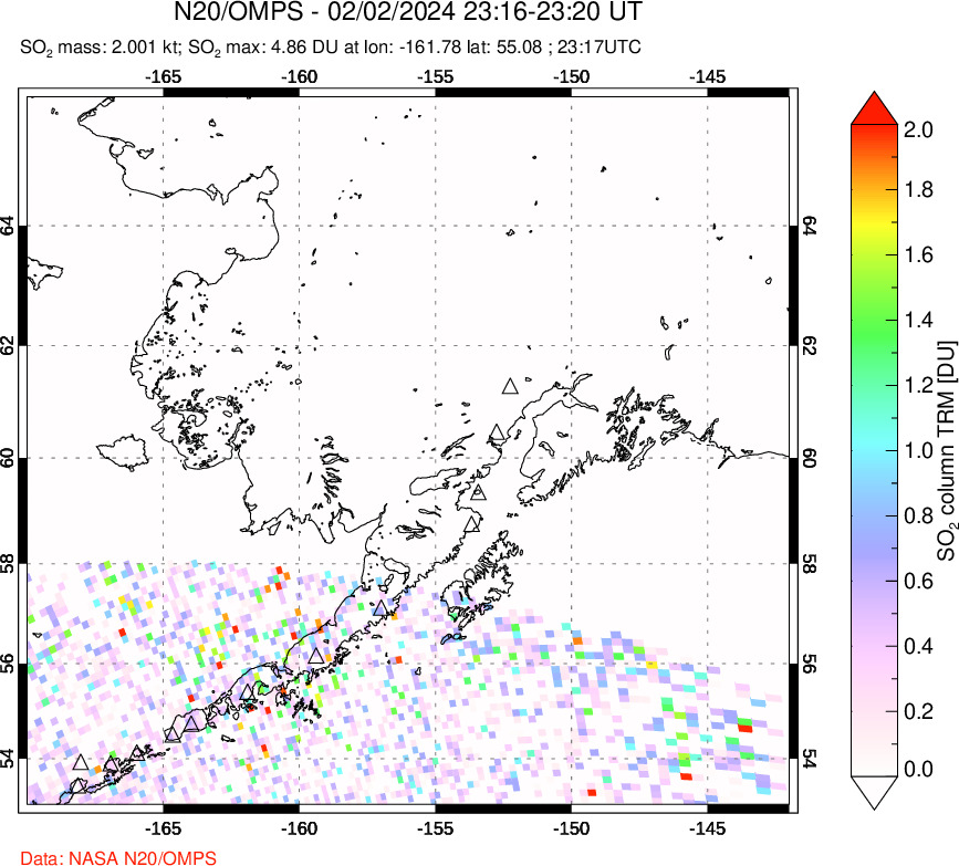 A sulfur dioxide image over Alaska, USA on Feb 02, 2024.