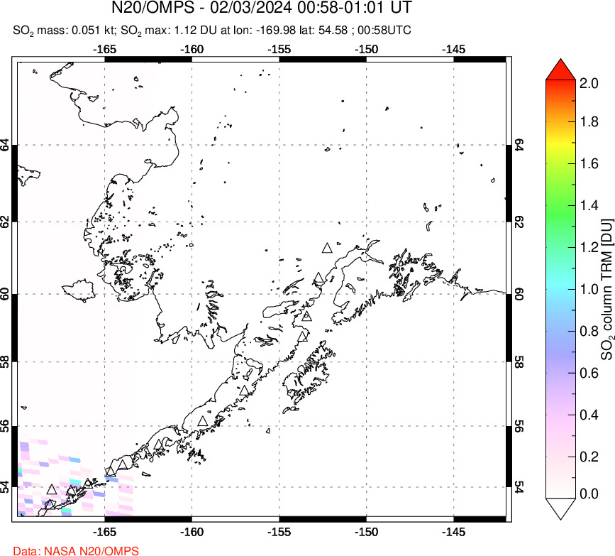 A sulfur dioxide image over Alaska, USA on Feb 03, 2024.