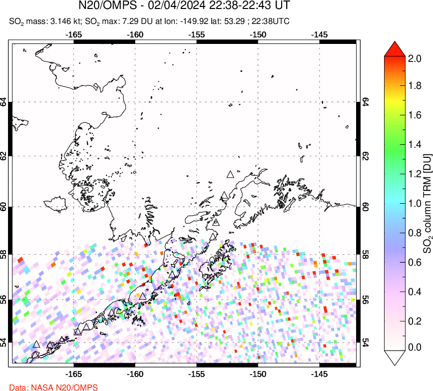 A sulfur dioxide image over Alaska, USA on Feb 04, 2024.