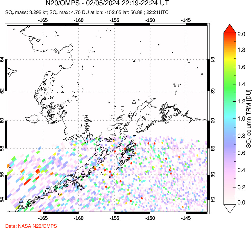 A sulfur dioxide image over Alaska, USA on Feb 05, 2024.