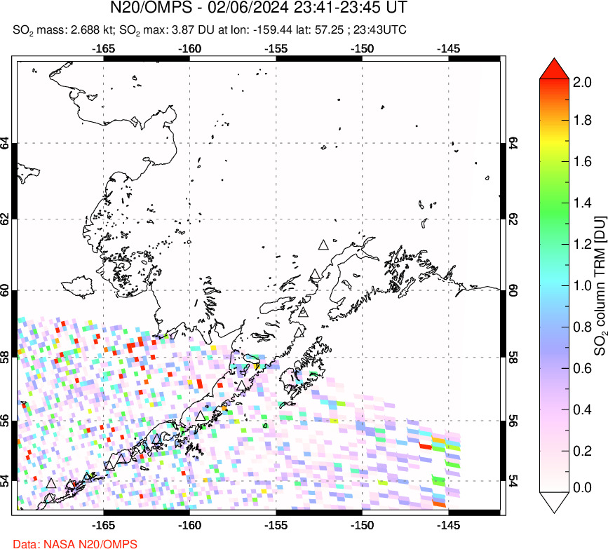 A sulfur dioxide image over Alaska, USA on Feb 06, 2024.