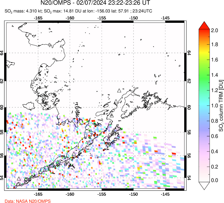 A sulfur dioxide image over Alaska, USA on Feb 07, 2024.