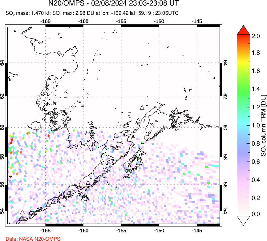 A sulfur dioxide image over Alaska, USA on Feb 08, 2024.