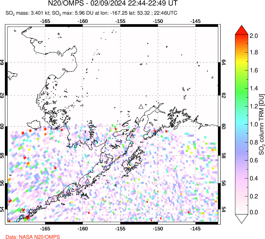 A sulfur dioxide image over Alaska, USA on Feb 09, 2024.