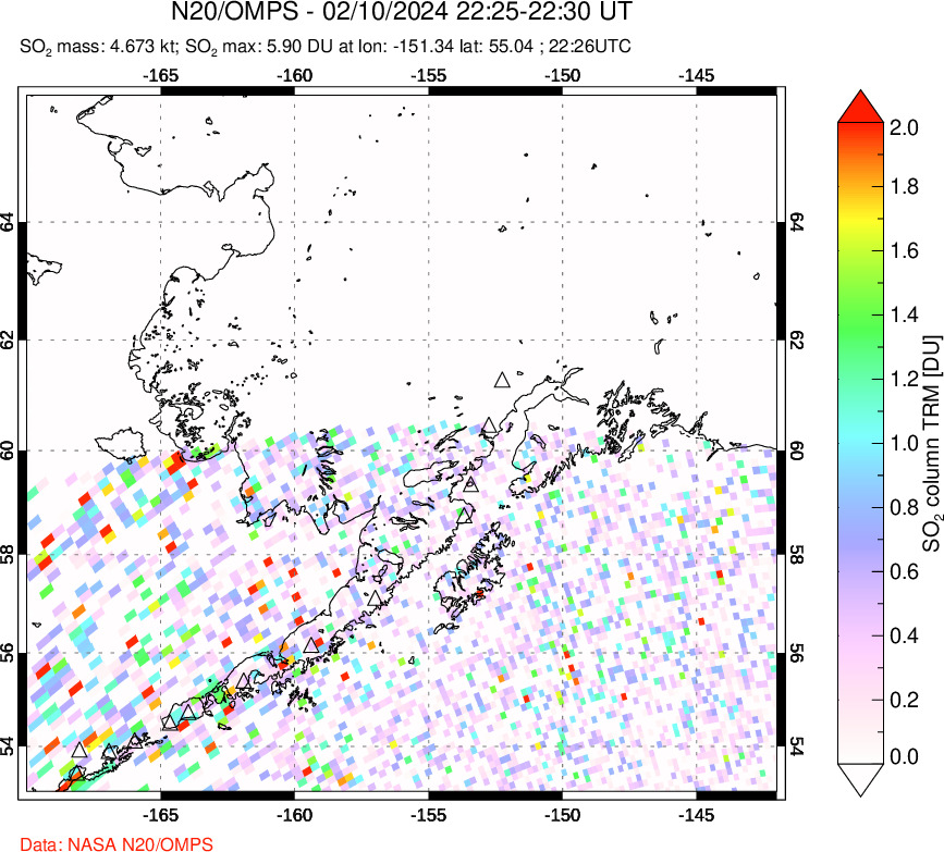 A sulfur dioxide image over Alaska, USA on Feb 10, 2024.