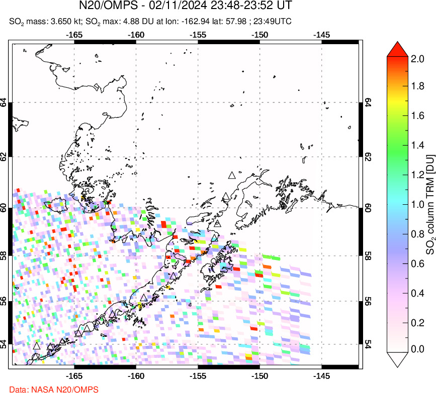 A sulfur dioxide image over Alaska, USA on Feb 11, 2024.