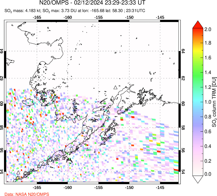 A sulfur dioxide image over Alaska, USA on Feb 12, 2024.