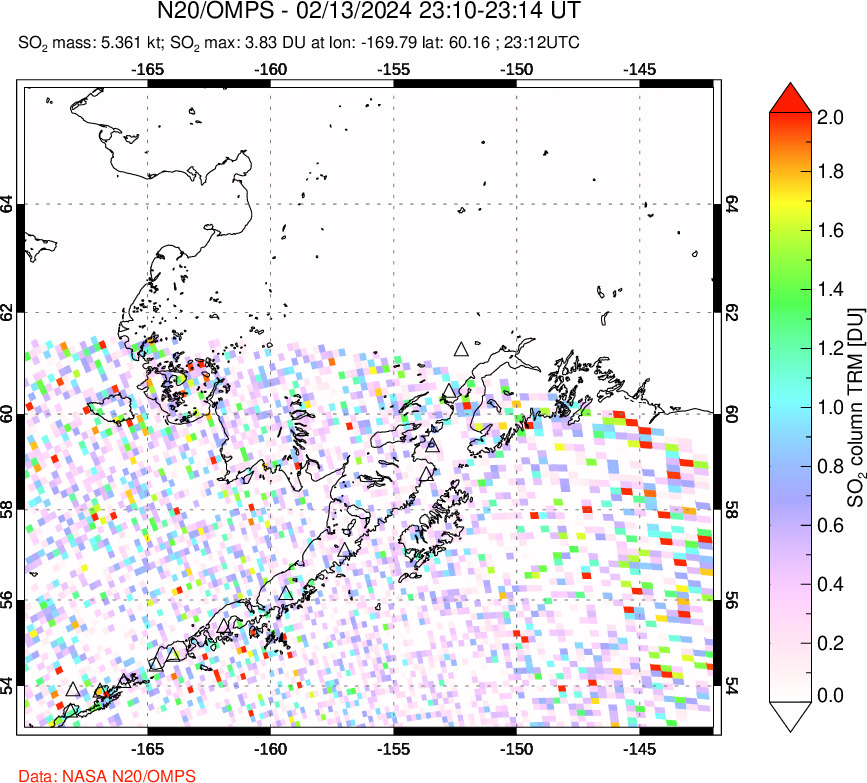 A sulfur dioxide image over Alaska, USA on Feb 13, 2024.