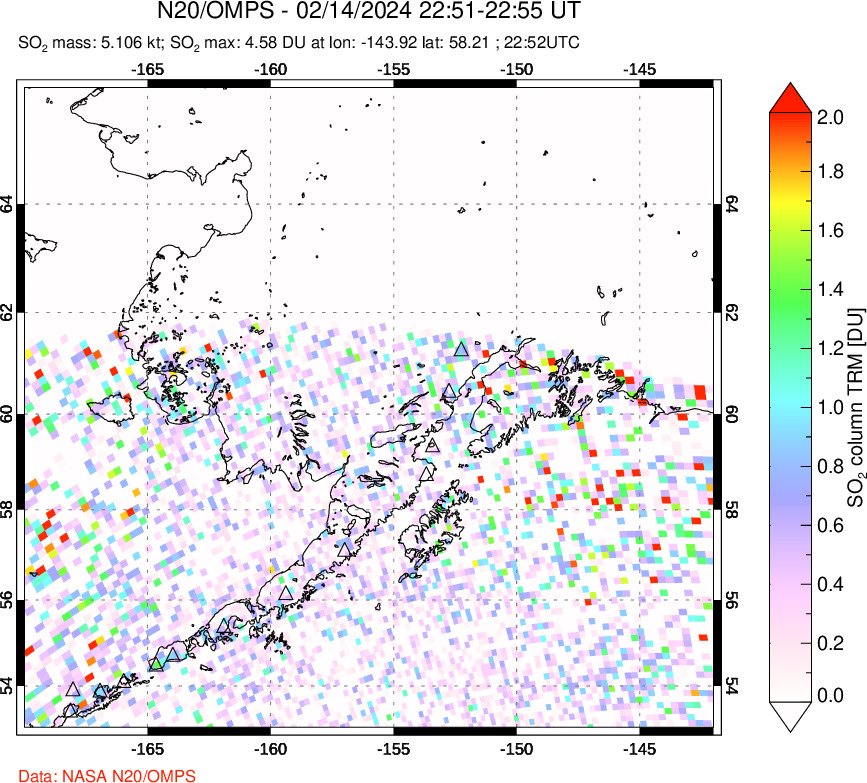 A sulfur dioxide image over Alaska, USA on Feb 14, 2024.