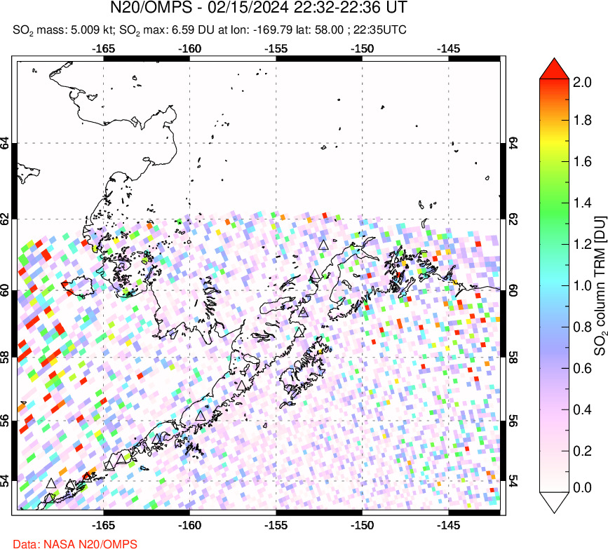 A sulfur dioxide image over Alaska, USA on Feb 15, 2024.