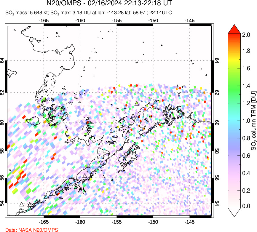 A sulfur dioxide image over Alaska, USA on Feb 16, 2024.