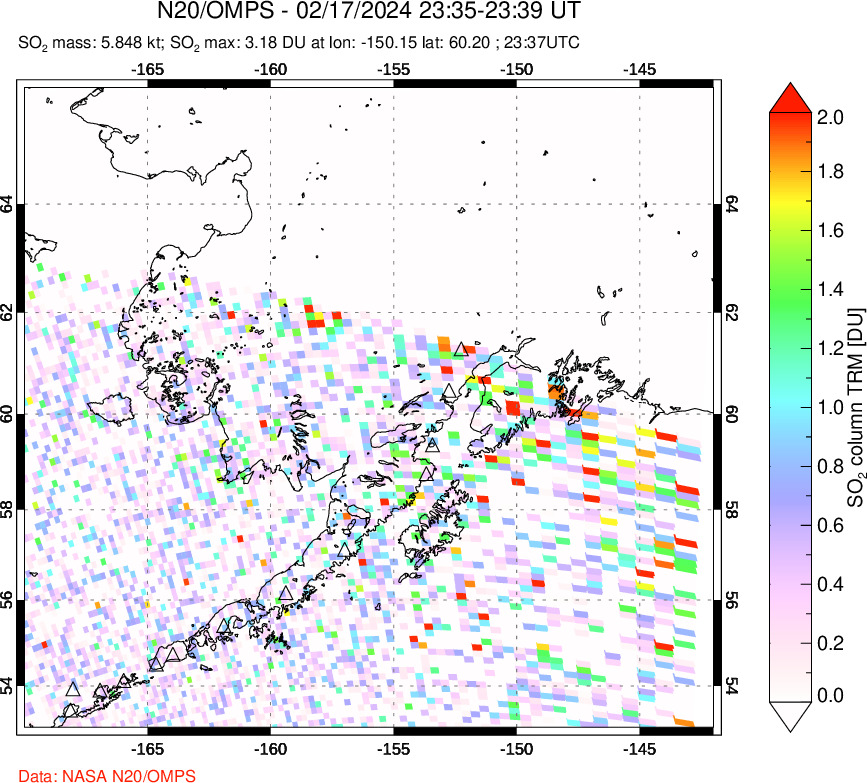 A sulfur dioxide image over Alaska, USA on Feb 17, 2024.