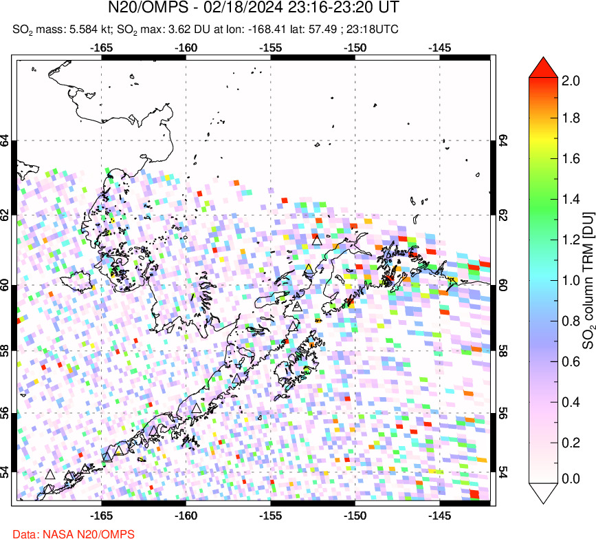 A sulfur dioxide image over Alaska, USA on Feb 18, 2024.