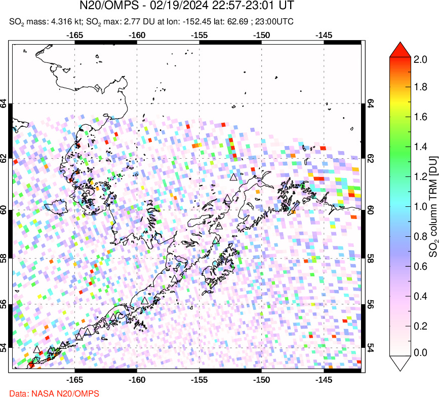 A sulfur dioxide image over Alaska, USA on Feb 19, 2024.