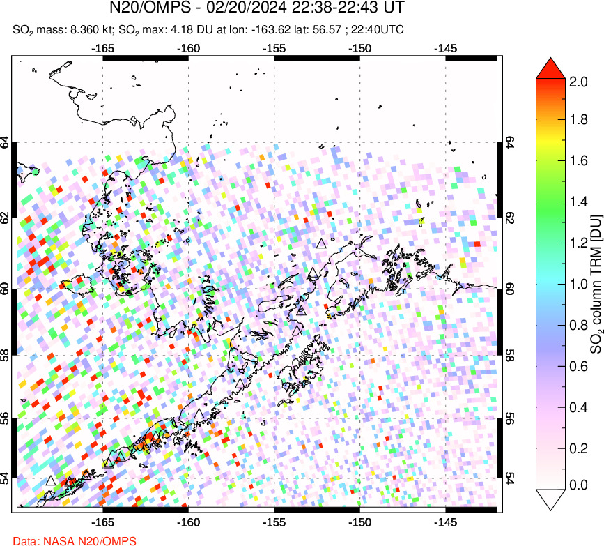 A sulfur dioxide image over Alaska, USA on Feb 20, 2024.