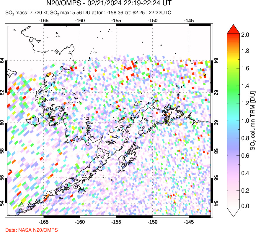 A sulfur dioxide image over Alaska, USA on Feb 21, 2024.