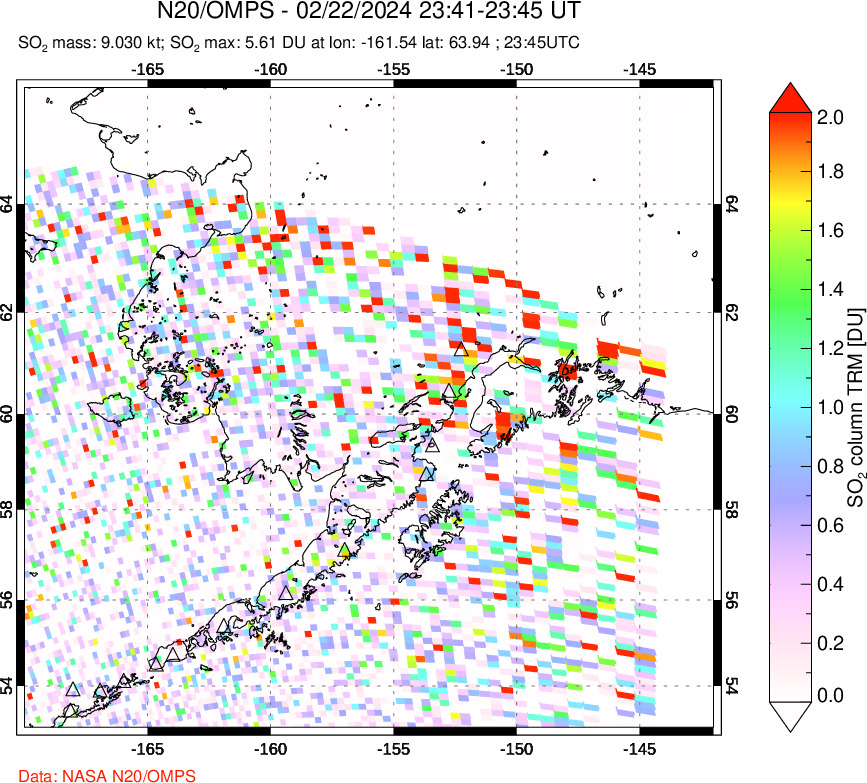 A sulfur dioxide image over Alaska, USA on Feb 22, 2024.