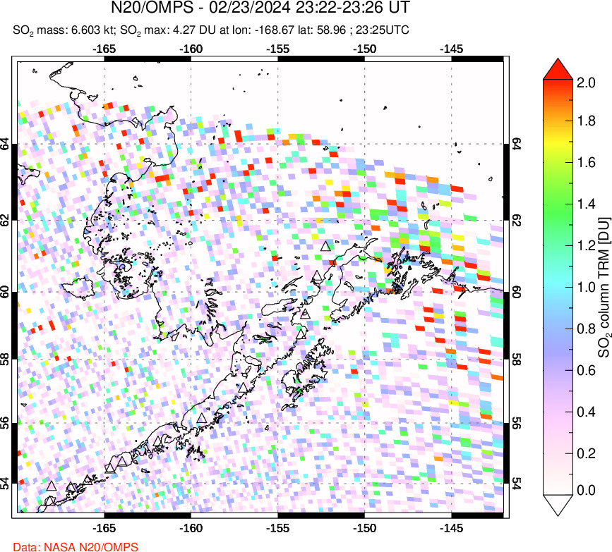 A sulfur dioxide image over Alaska, USA on Feb 23, 2024.