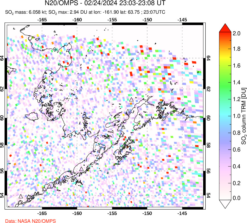 A sulfur dioxide image over Alaska, USA on Feb 24, 2024.